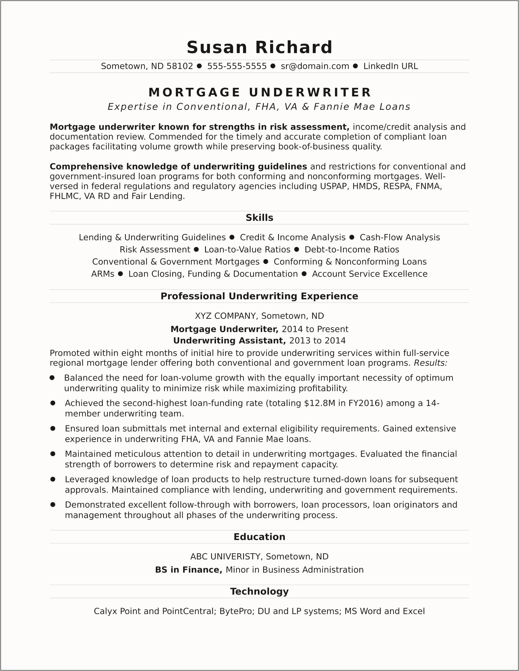Best Resume Templates For A Mortgage Underwriter