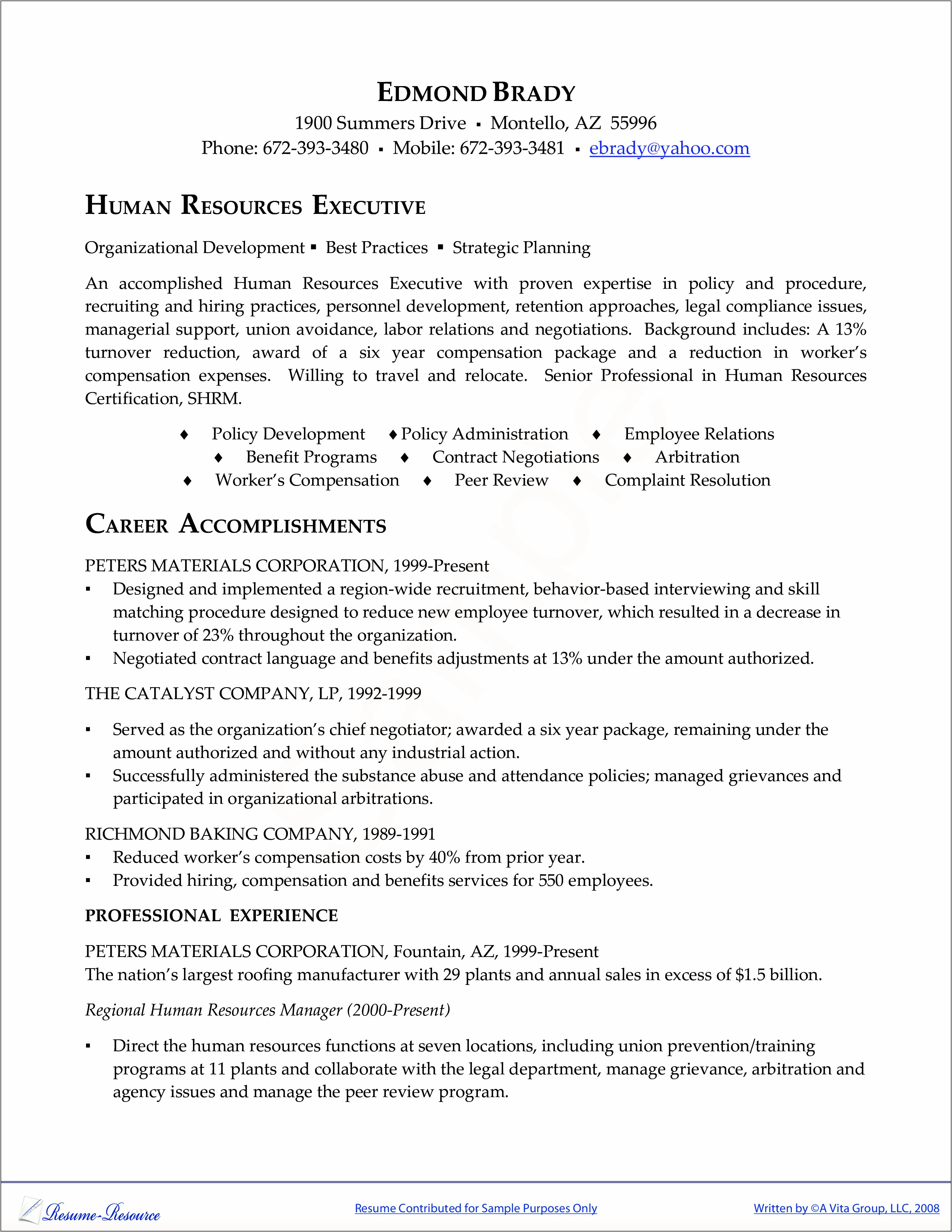 Best Sample Of Human Resources Resume