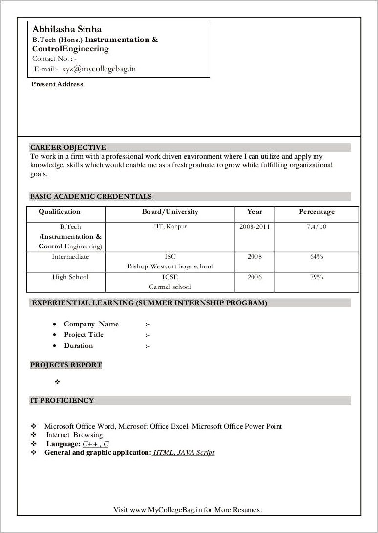 Best Simple Resume Format For Freshers