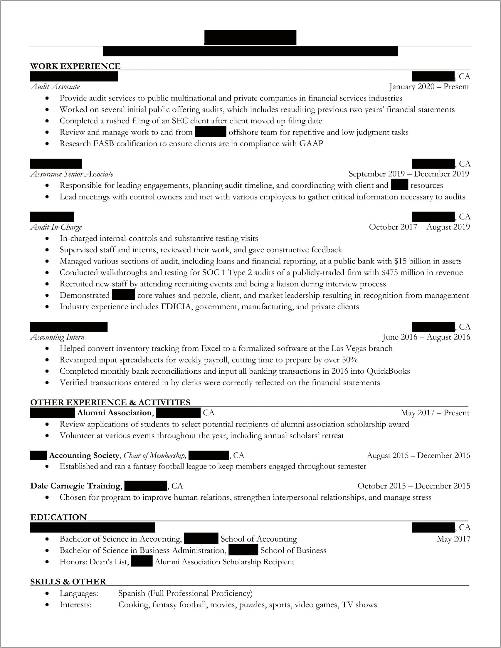 Big 4 Audit Senior Resume Example