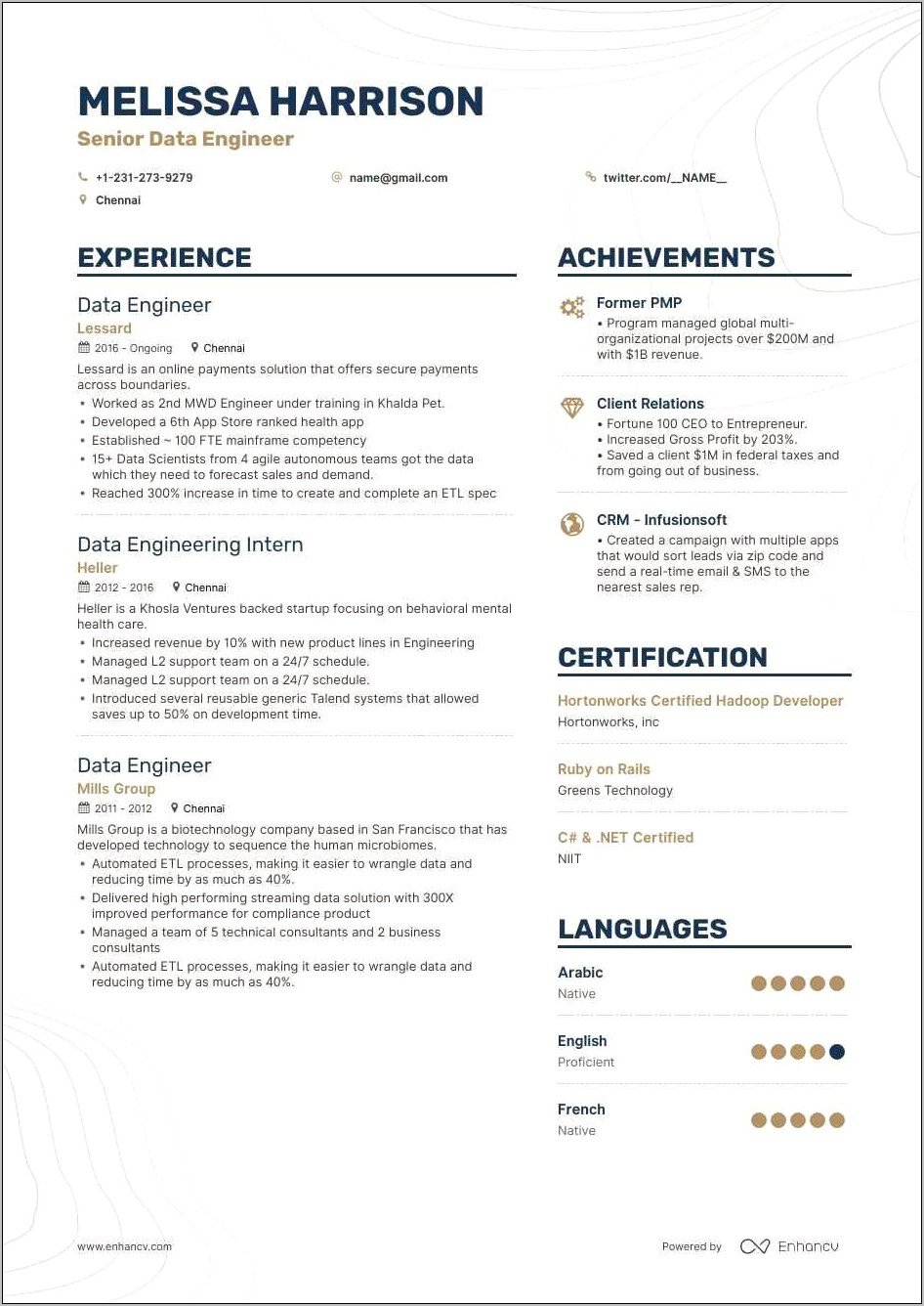 Big Data Engineer Entry Level Sample Resumes