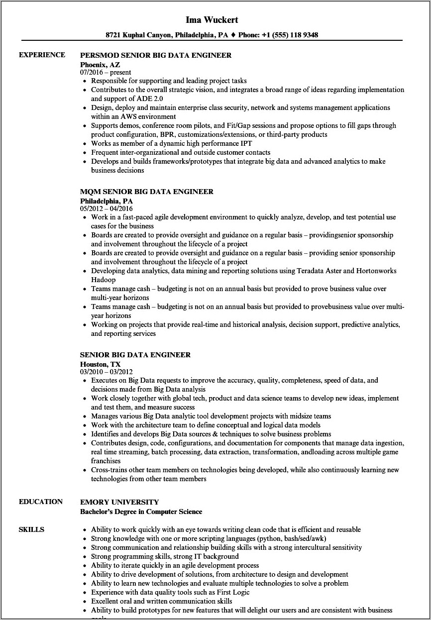 Big Data Resume With 0 Years Of Experience