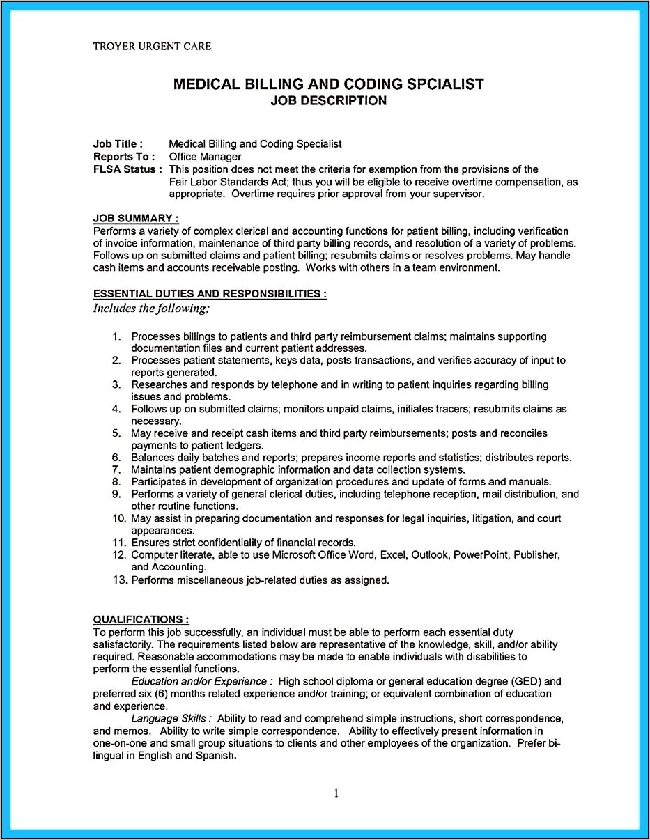Billing Clerk Job Description For Resume