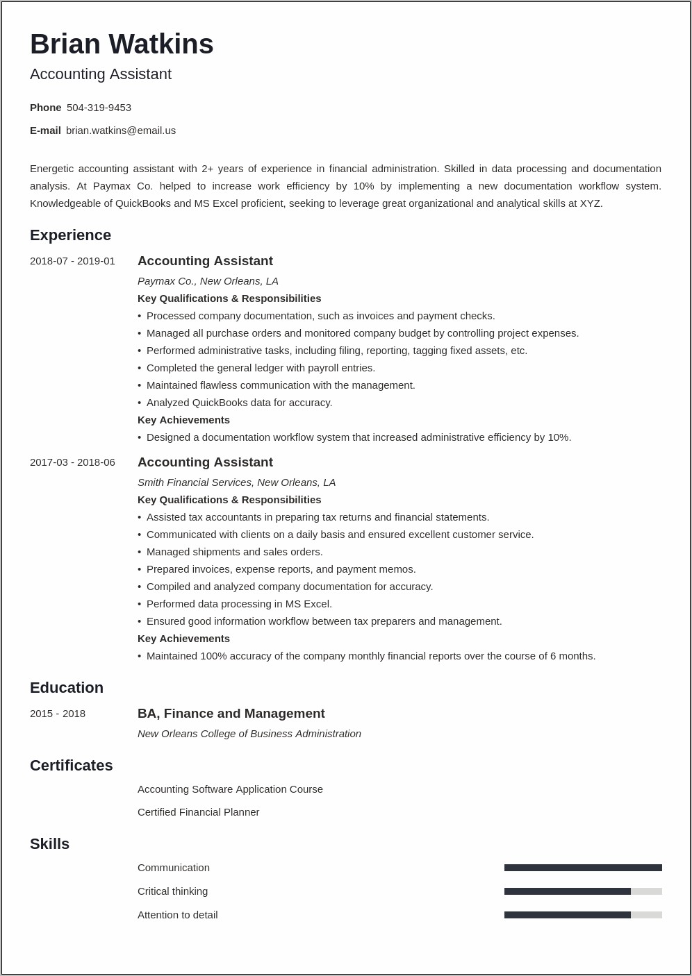 Bills And Bookkeeping Resume Template 2019
