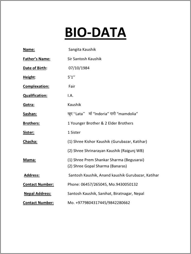 Bio Data Resume In Word Format