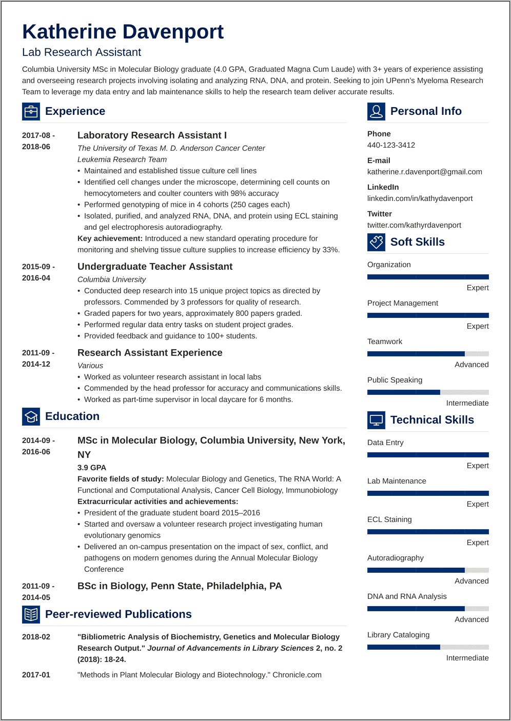 Biology Research Assistant Cornell Resume Template