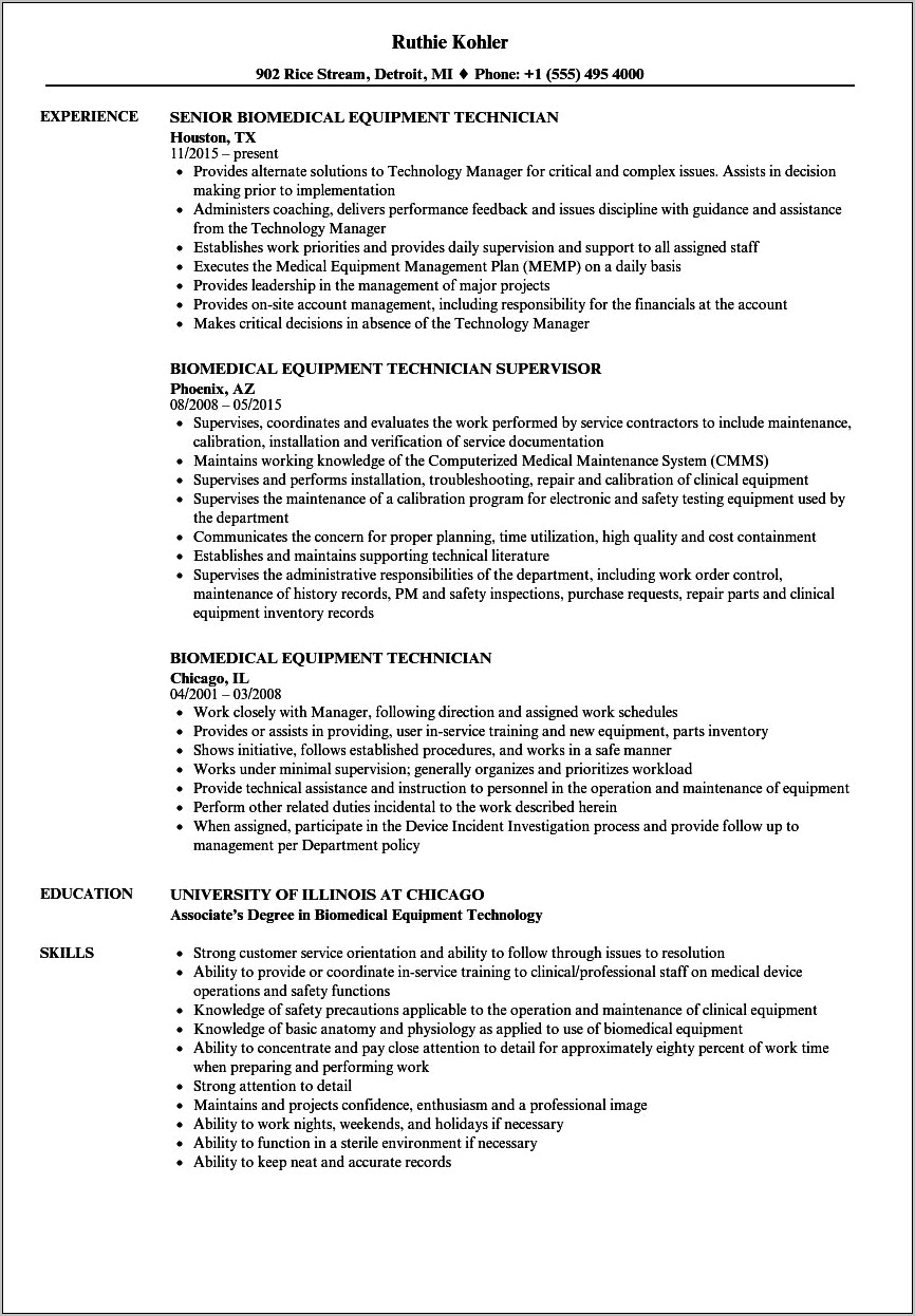 Biomedical Service Engineer Job Description Resume