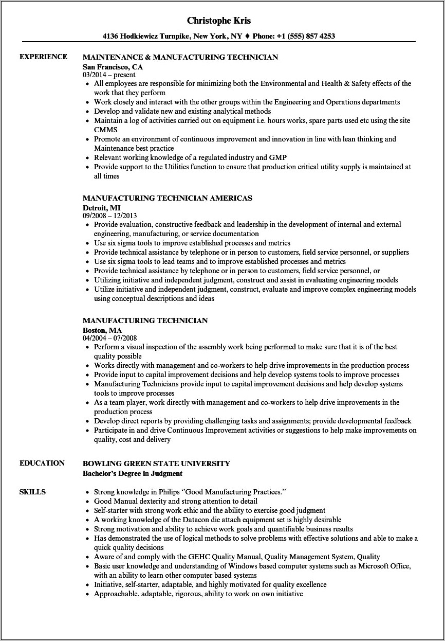 Boeing Manufacturing Technician Job Resume