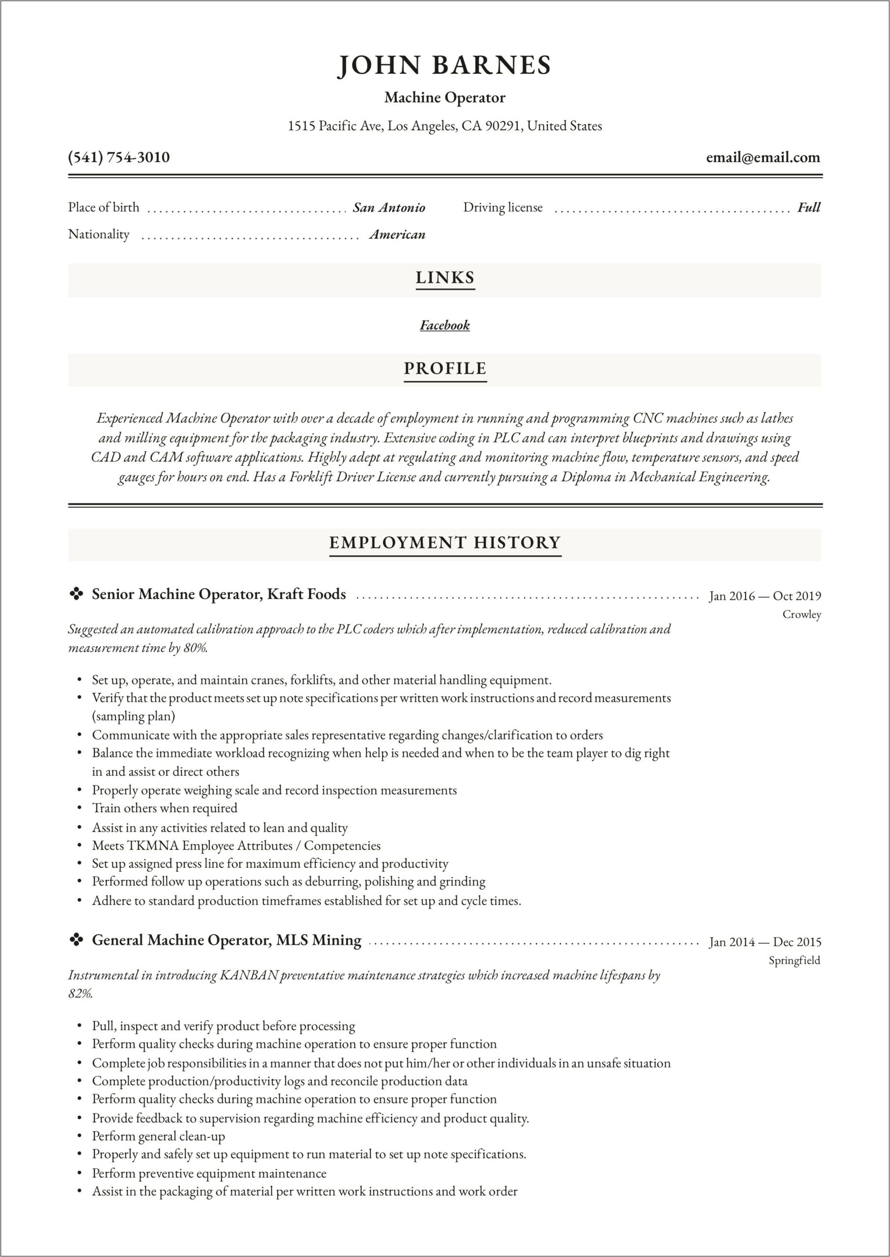 Brake Press Operator Summary For Resume
