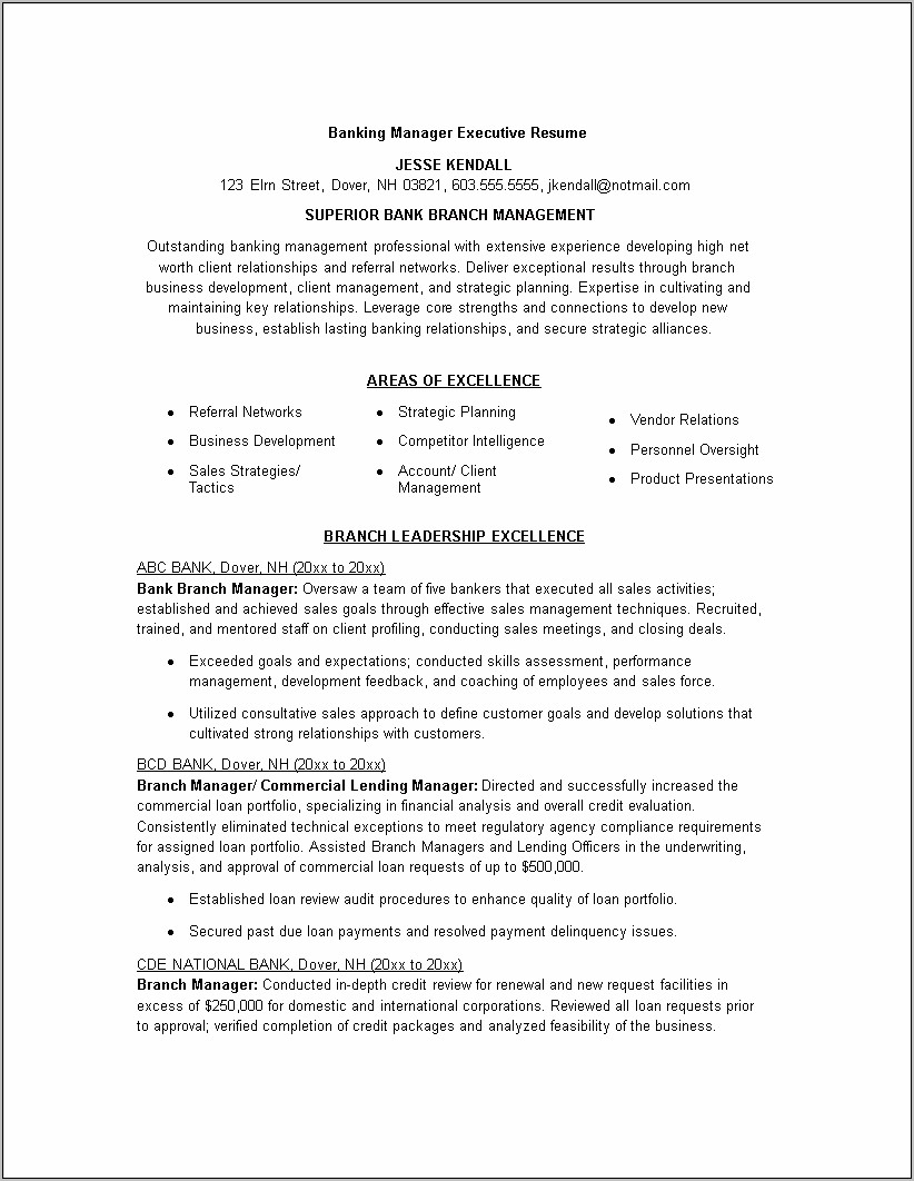 Branch Manager Resume For A Bank