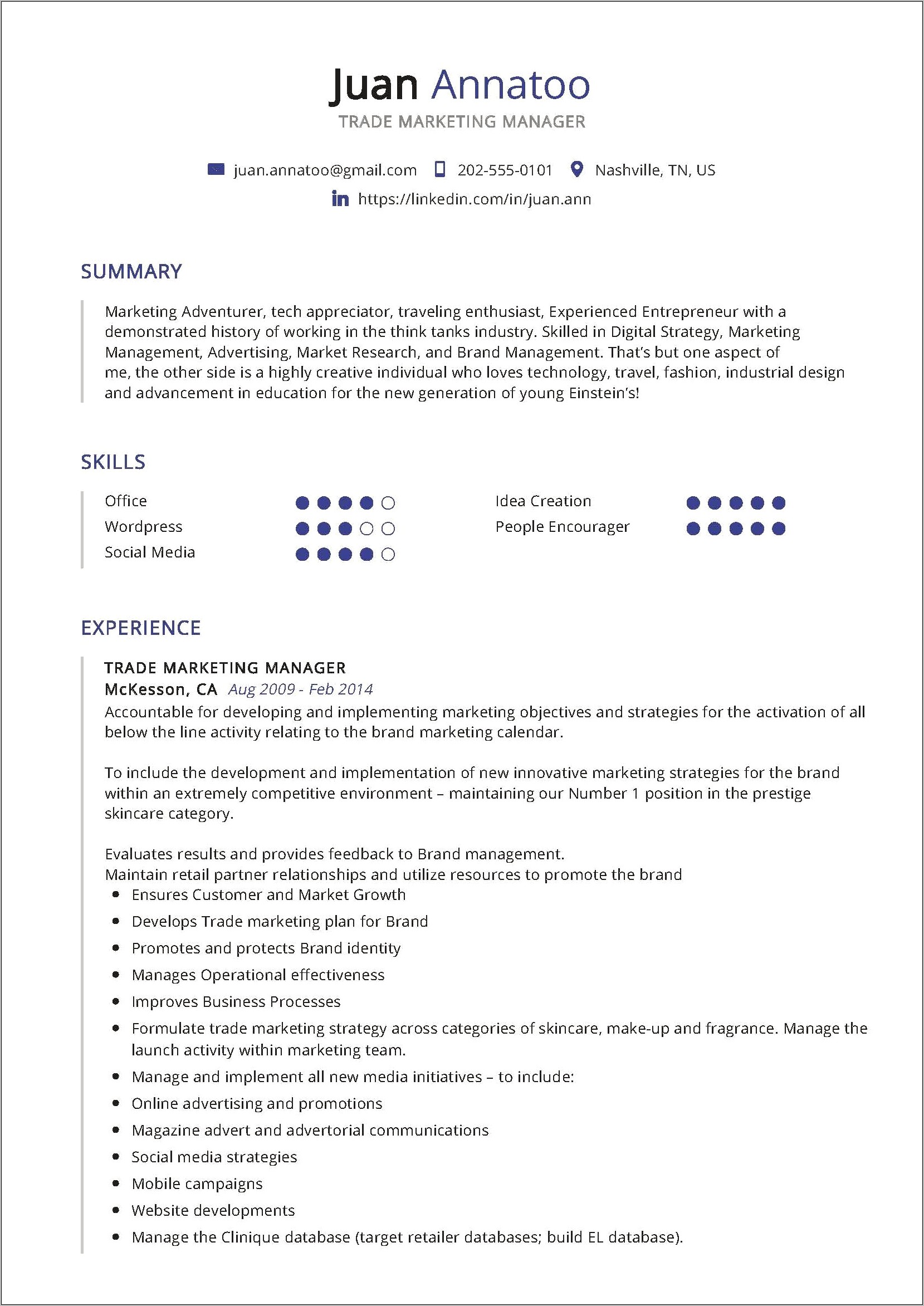 Brand Manager Summary For Resume