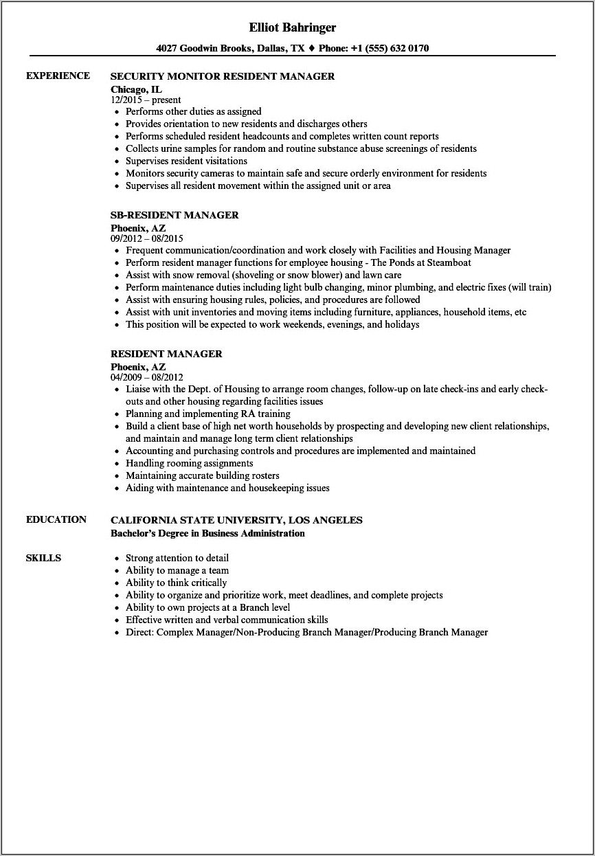 Brief Description Of Resident Job For Resume