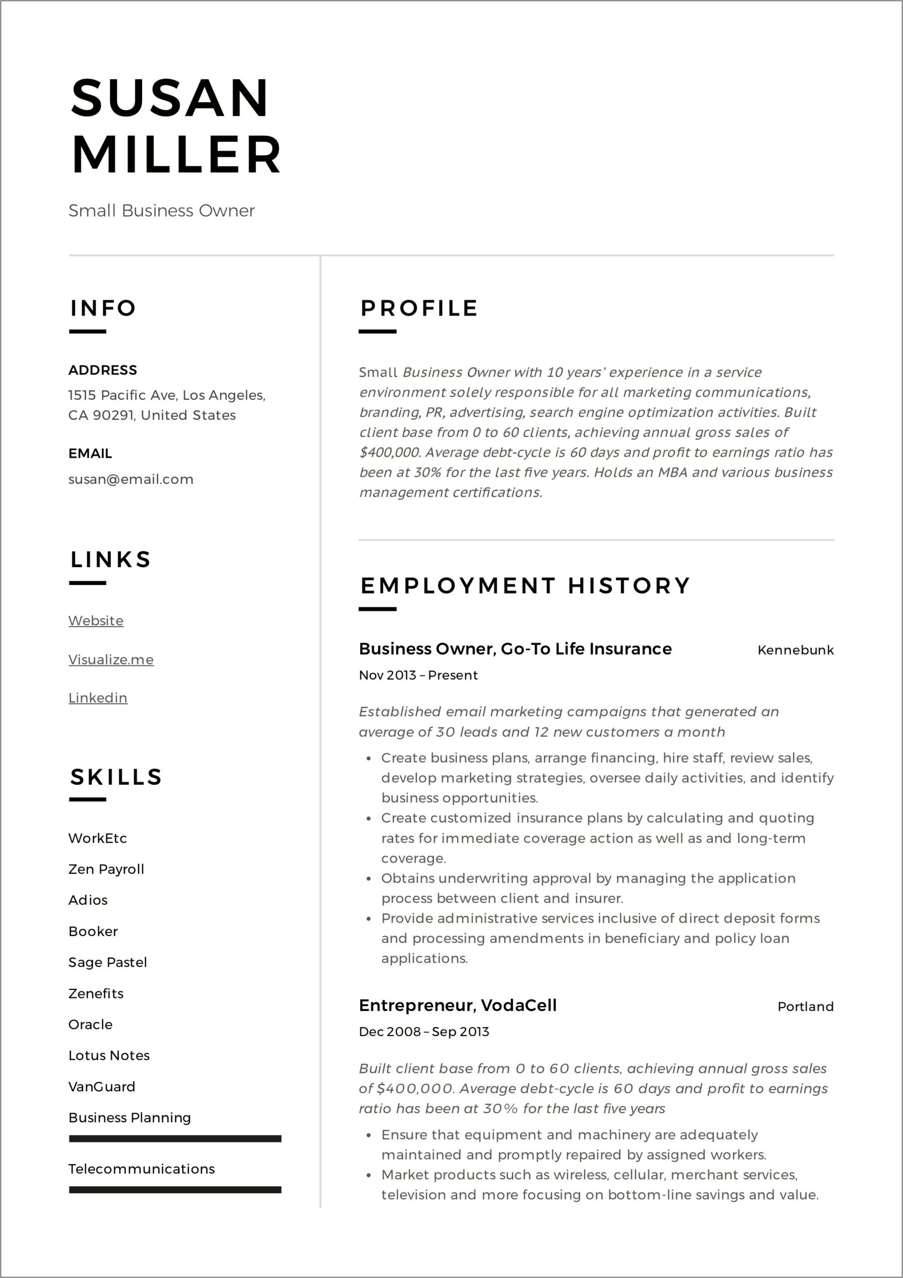 Buisness Owner Resume Skills Examples