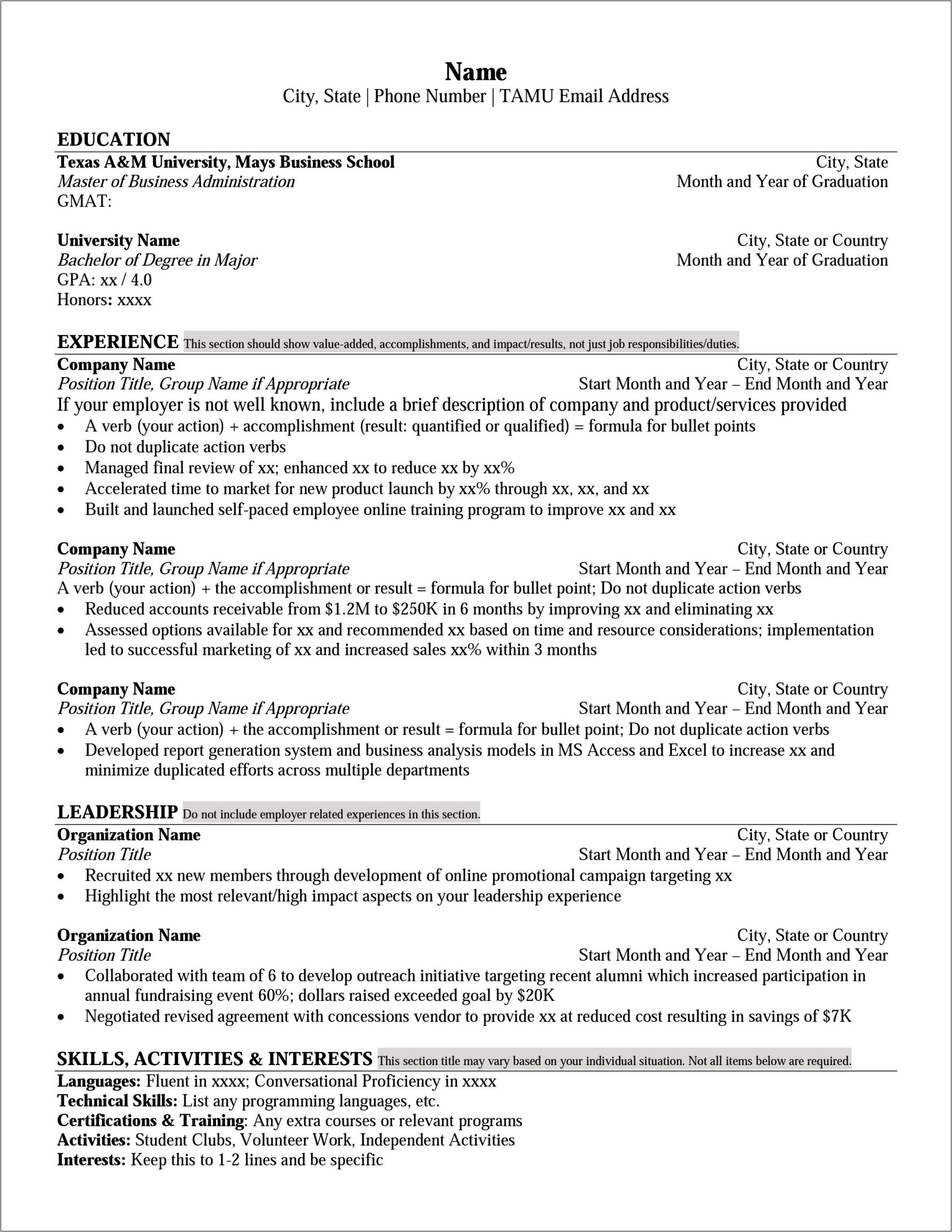 Bullet Points For School Resume Examples
