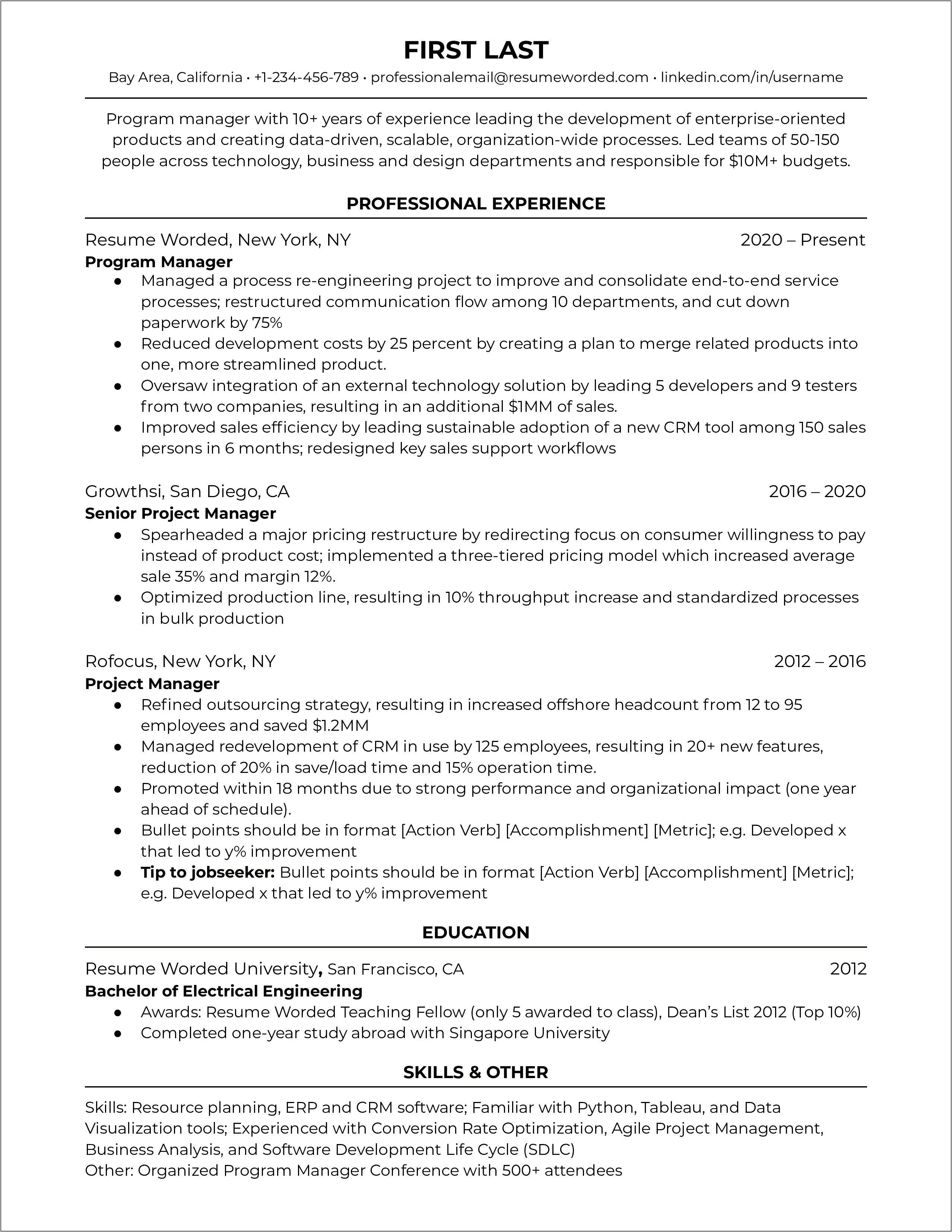 Bullet Statements For Experiance On A Resume