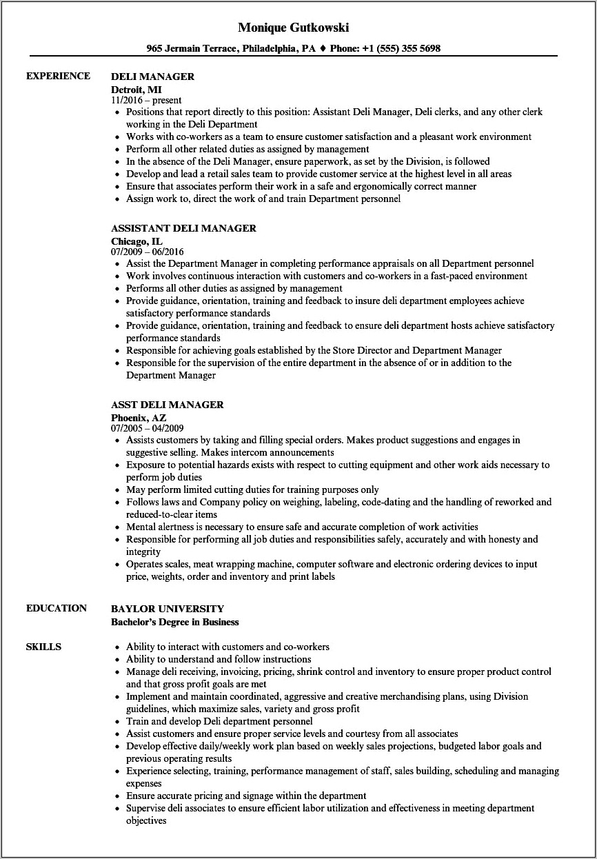 Bulletin On Resume For Assistant Deli Manager Skills