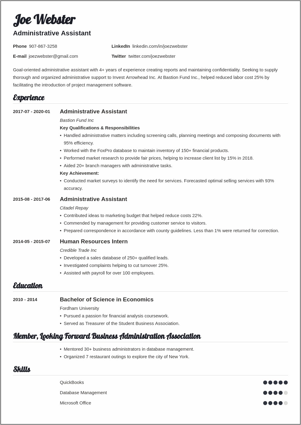 Business Administration Sample Resume Objective