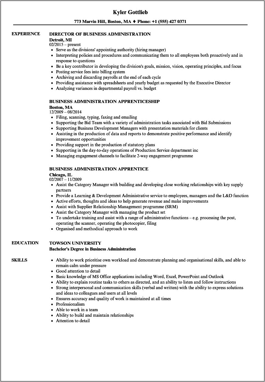 Business Administration Student Summary For Resume