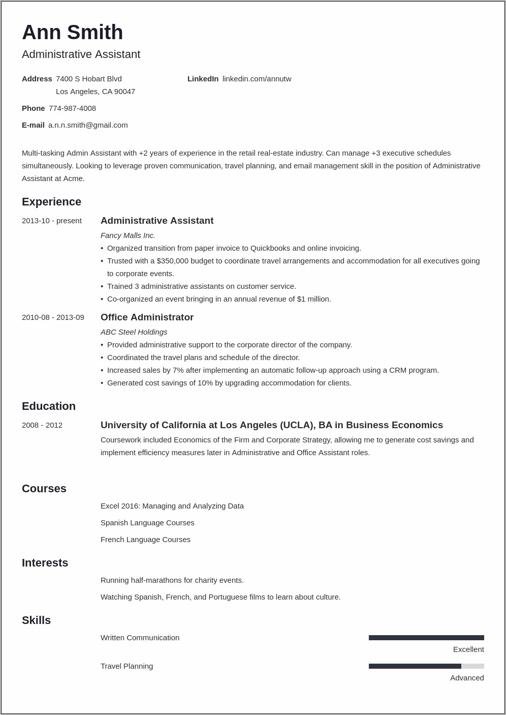 Business Administrative Assistant Job Description For Resume