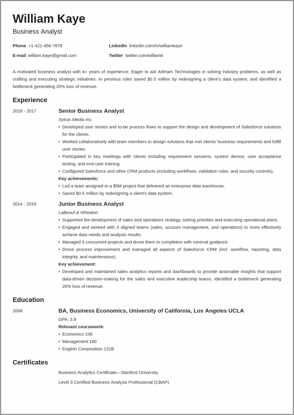 Business Analyst 8 Years Experience Resume