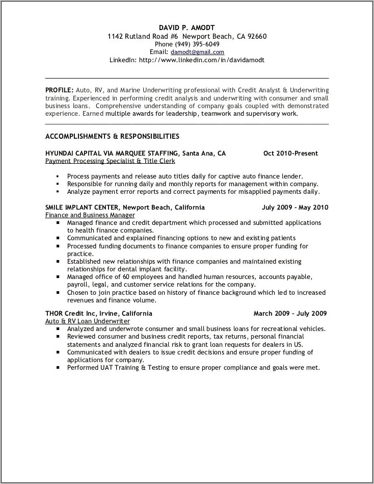 Business Analyst Credit Card Experience Resume