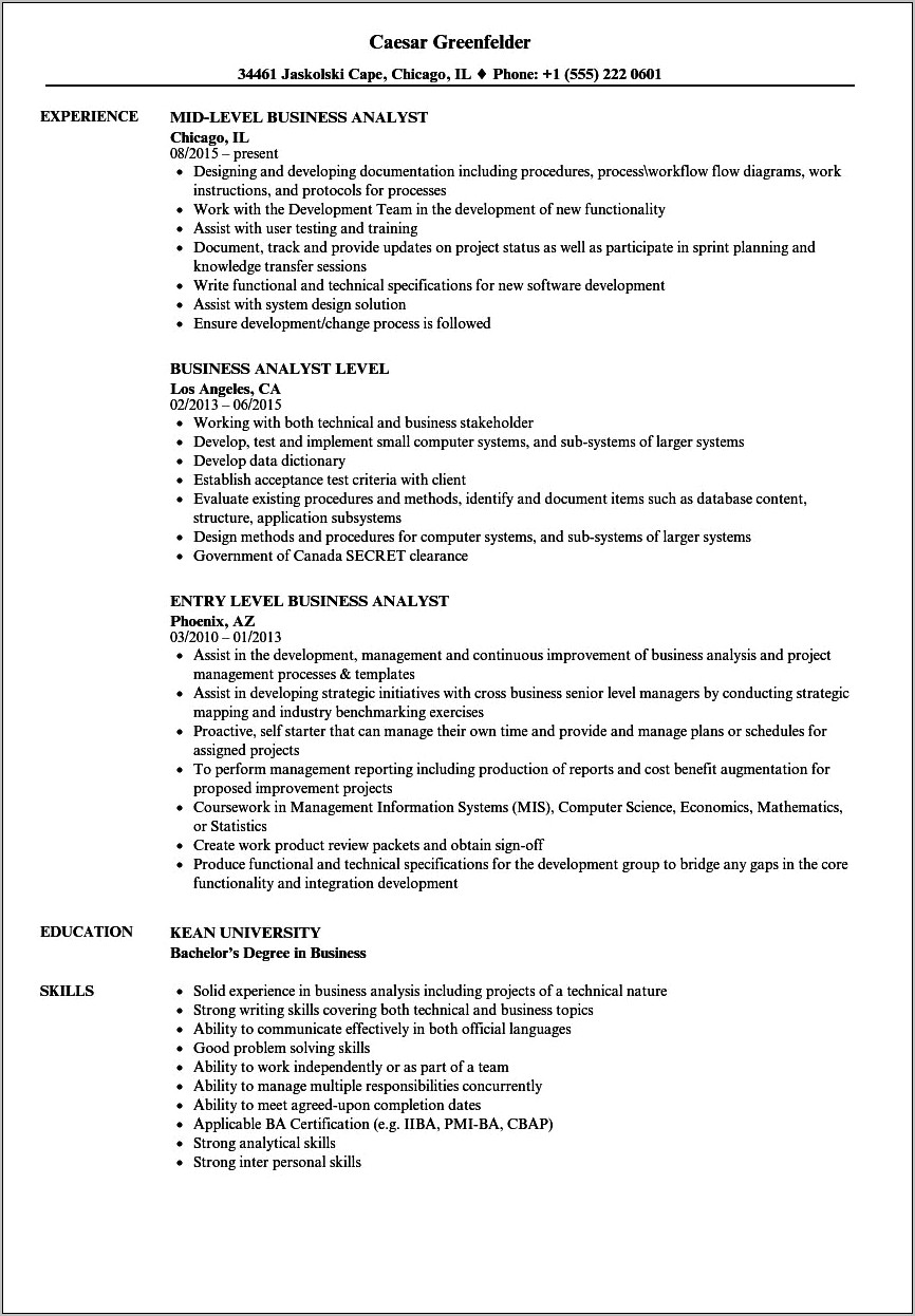 Business Analyst Entry Level Resume Examples