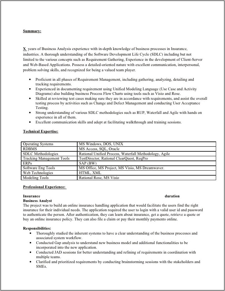 Business Analyst Health Insurance Sample Resume