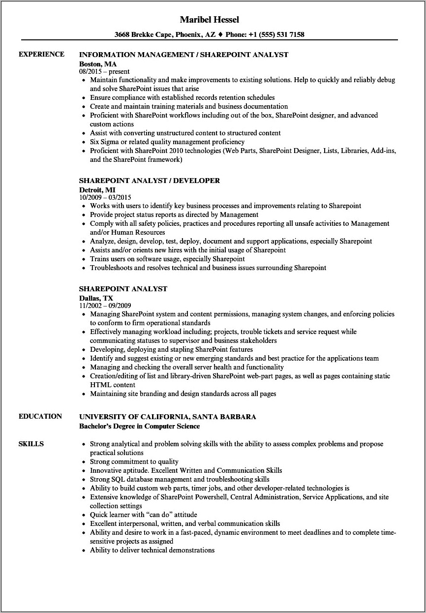 Business Analyst Resume With Sharepoint Experience