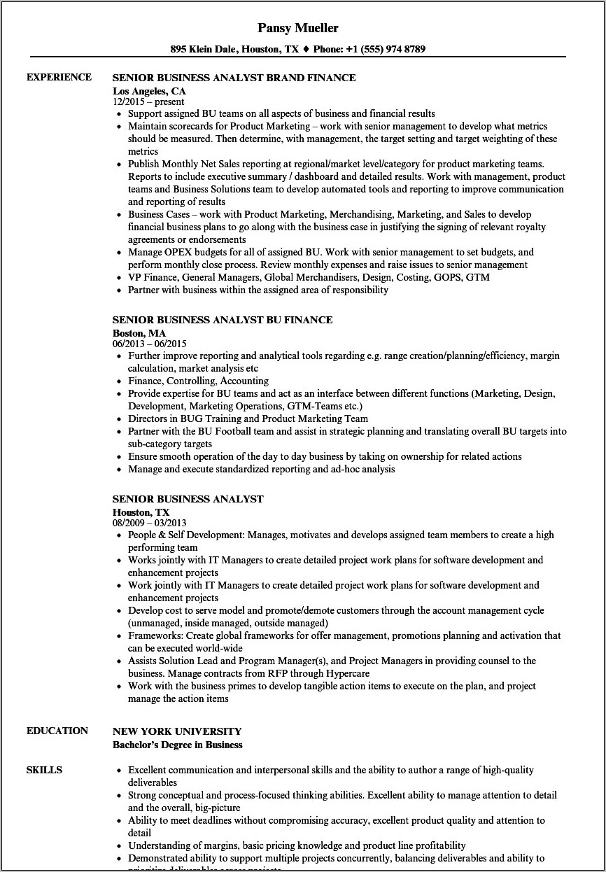 Business Analyst Sample Resume Pci Assets