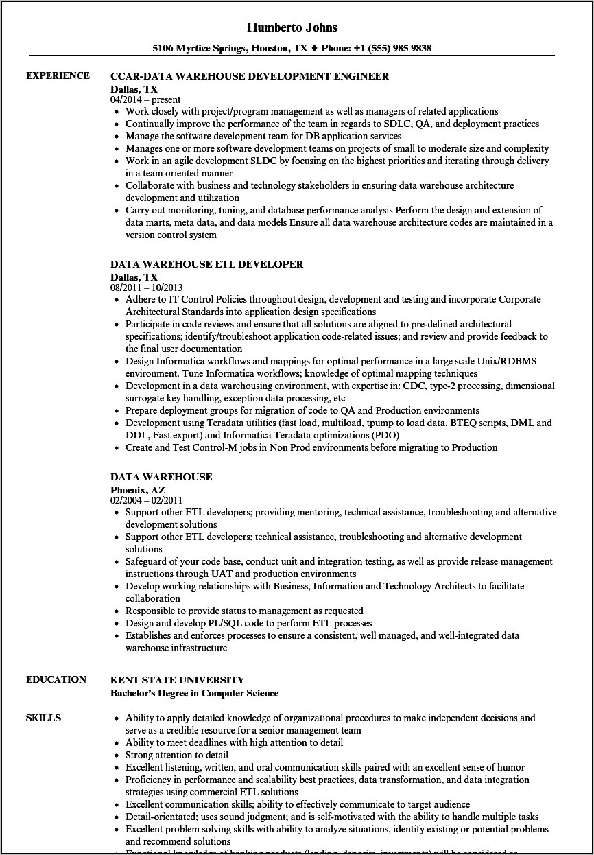 Business Analyst With Data Warehouse Experience Resume