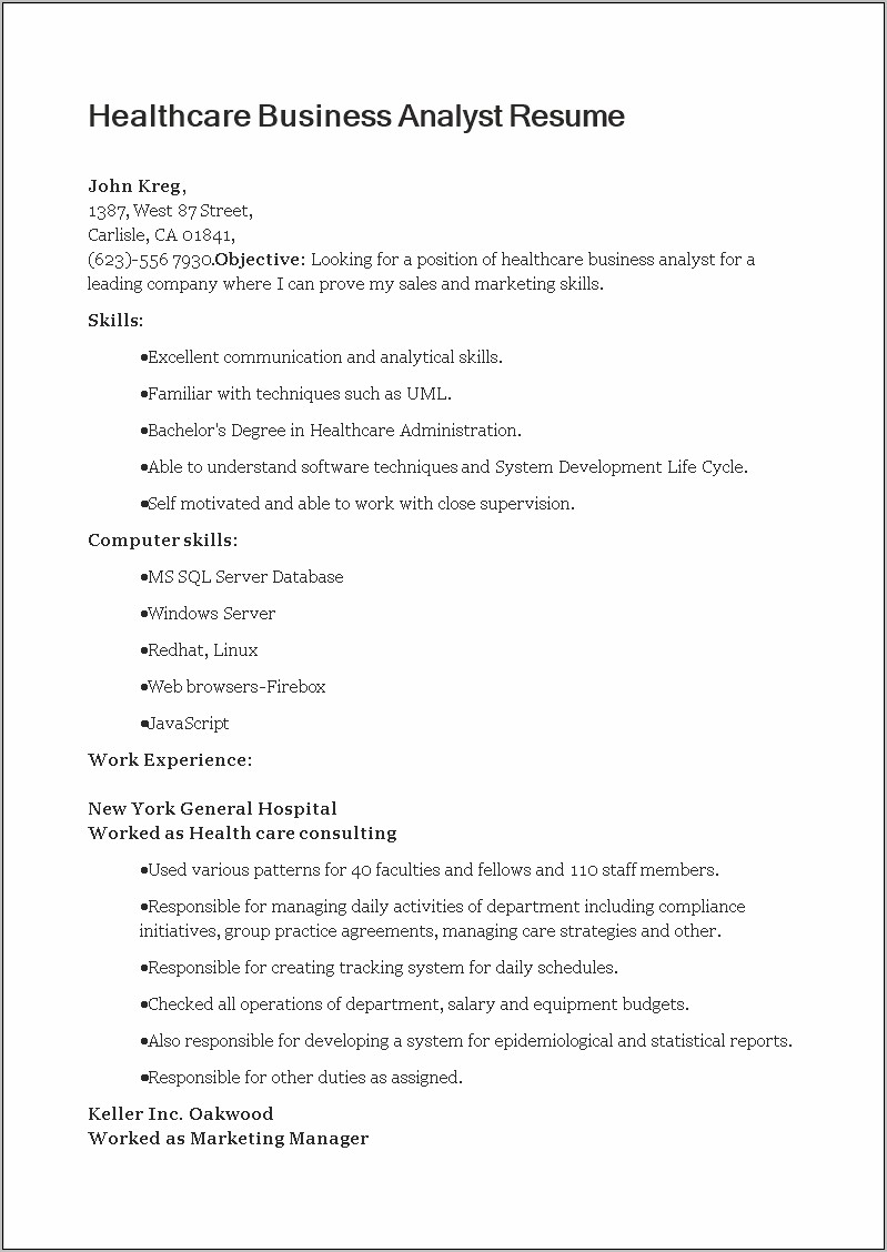 Business Analyst With Health Care Mdw Resume Samples
