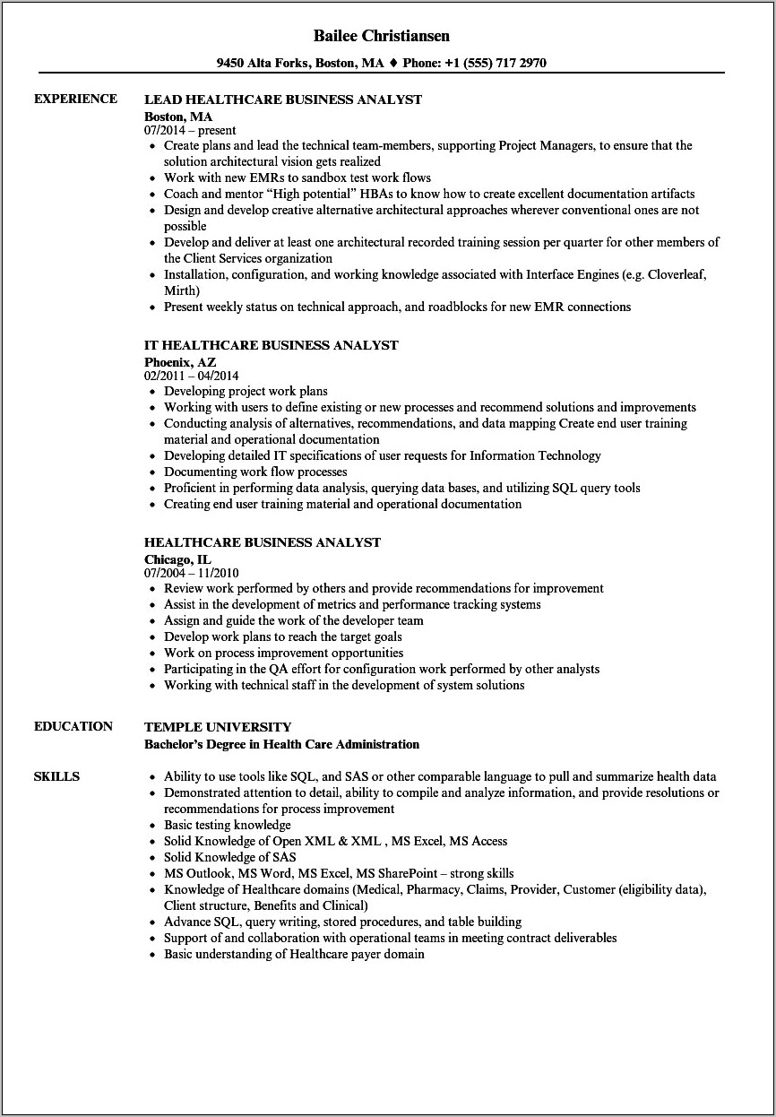 Business Analyst With Healthcare Experience Resume