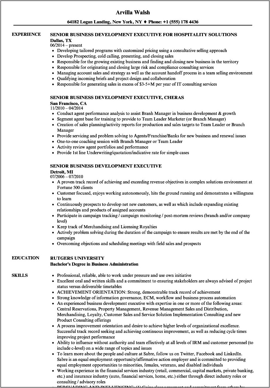 Business Development Executive Resume Free Download