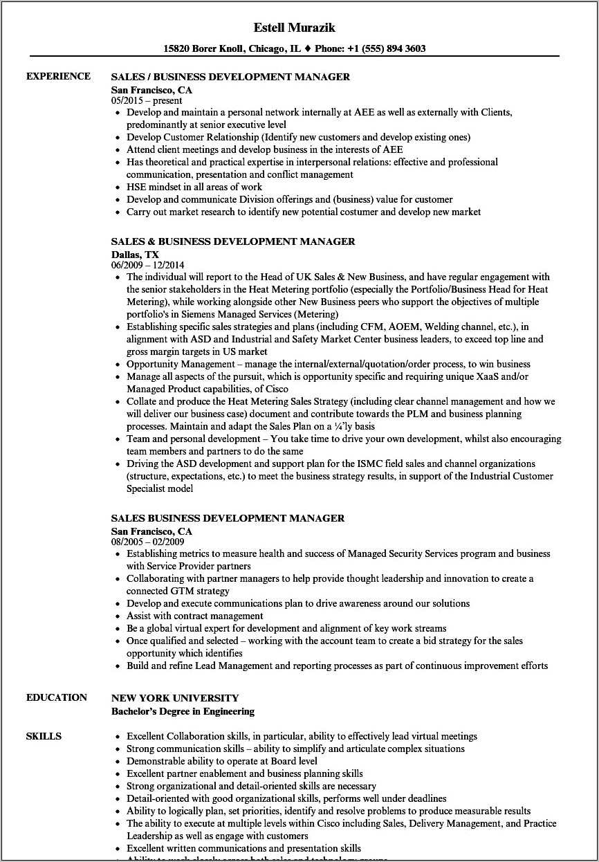 Business Development Manager Machining Resume Example