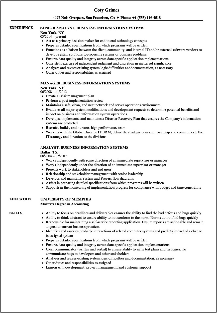 Business Management Information Systems Resume
