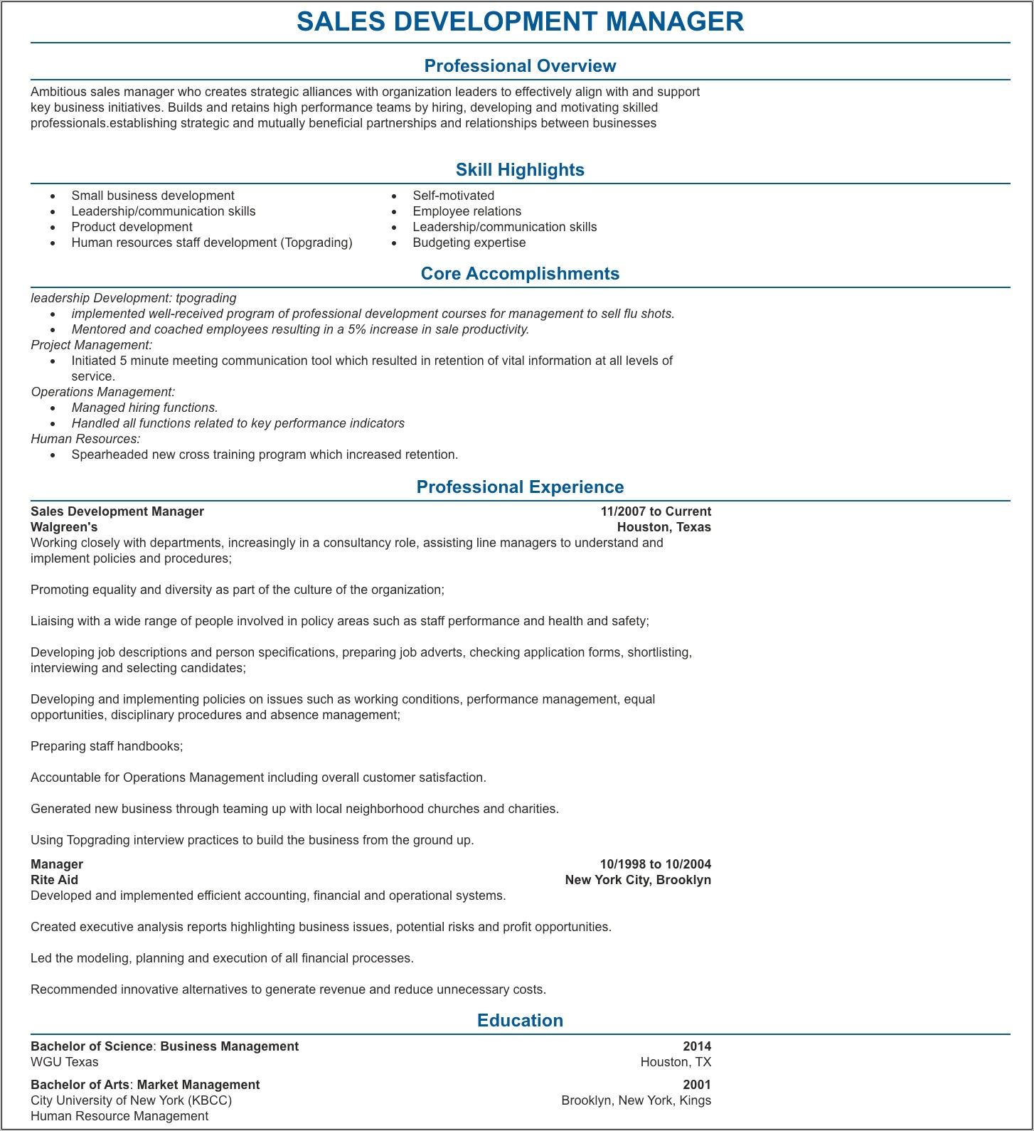 Business Manager Description For Resume