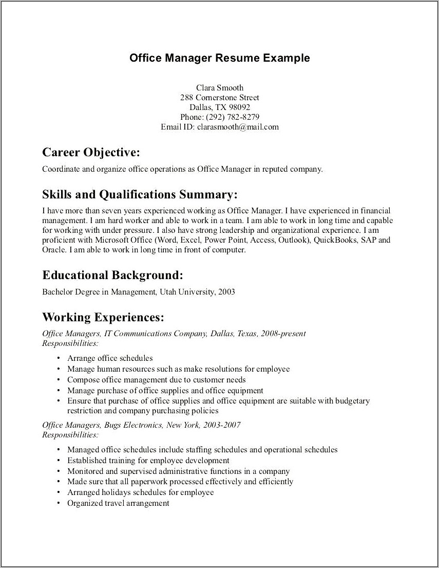 Business Office Job Description For Resume