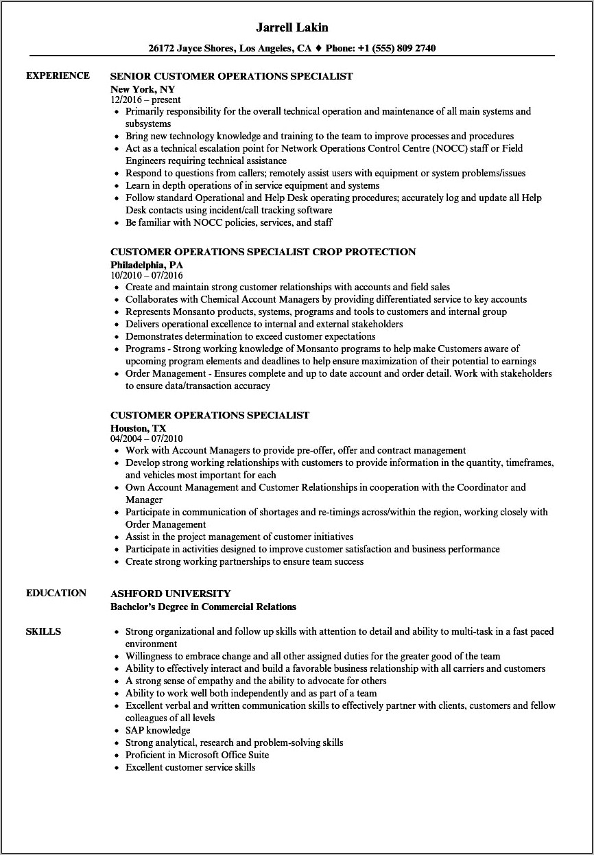 Business Operations Specialist Resume Examples