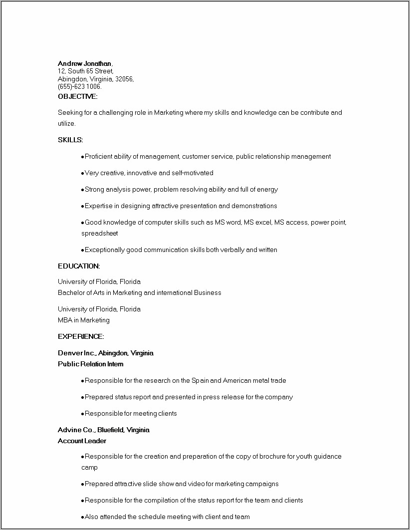 Business Resume Example For Recent College Graduate