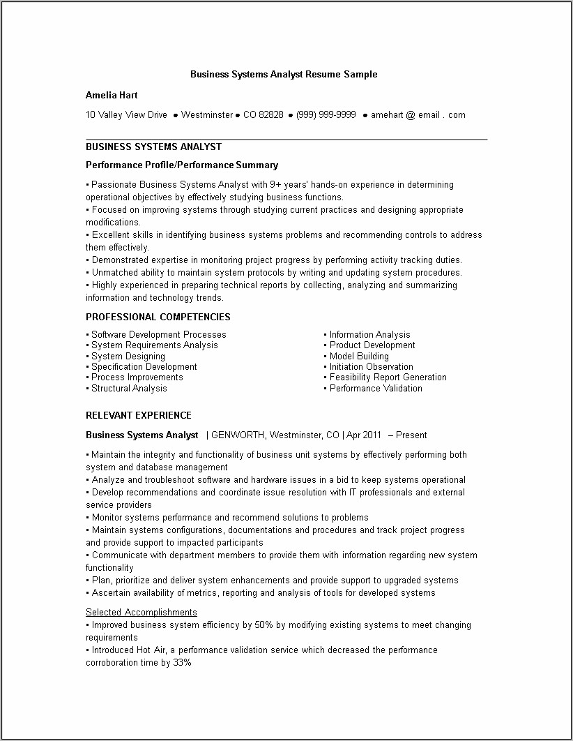 Business Systems Analyst Retail Resume Sample