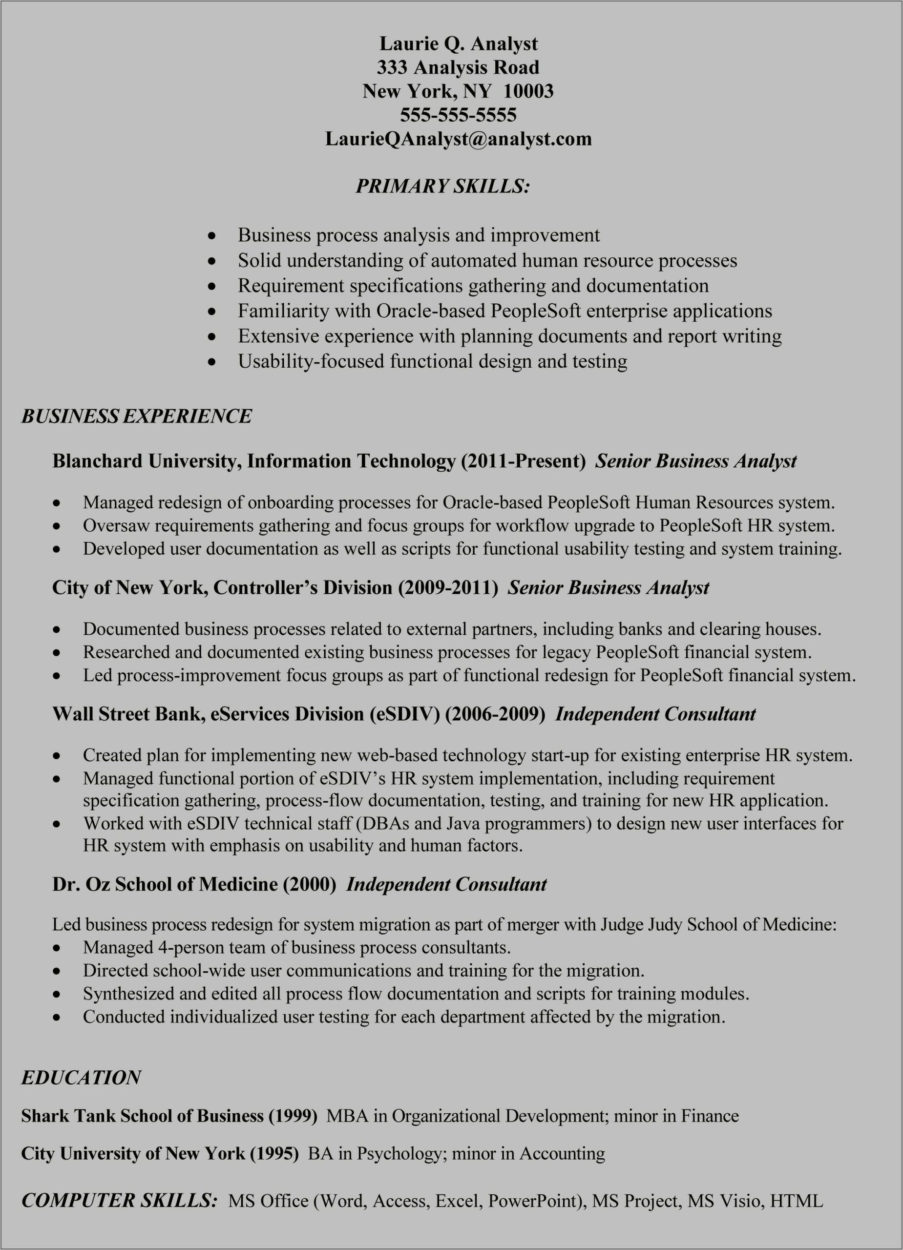 Business Systems Analyst Sample Resume Hr