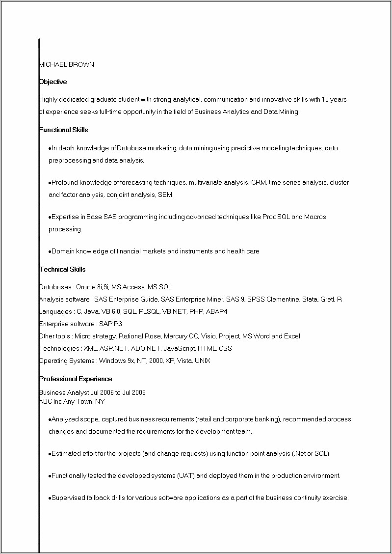 Business Systems Analyst With Ms Sql Sample Resume