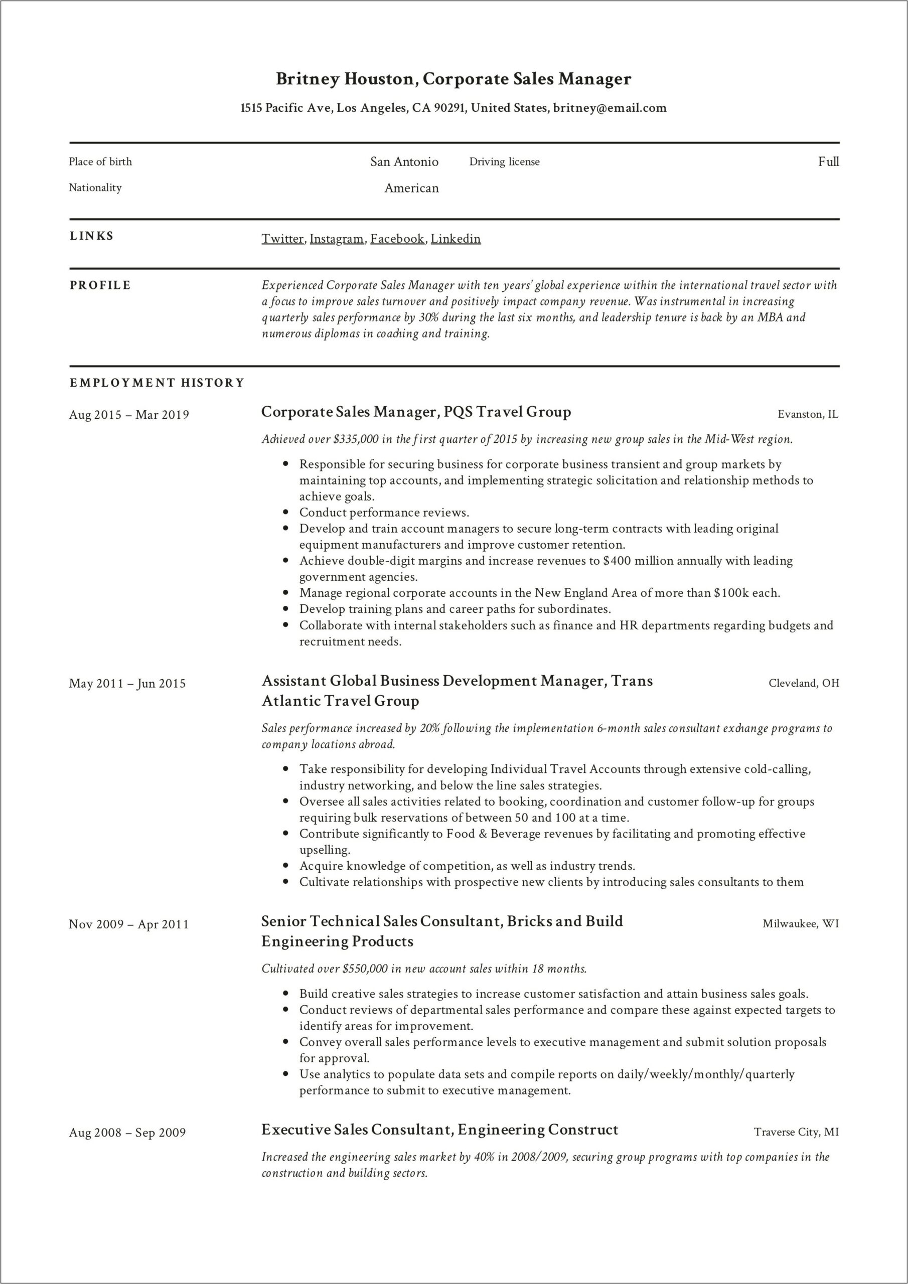 Business Travel Example On Resume