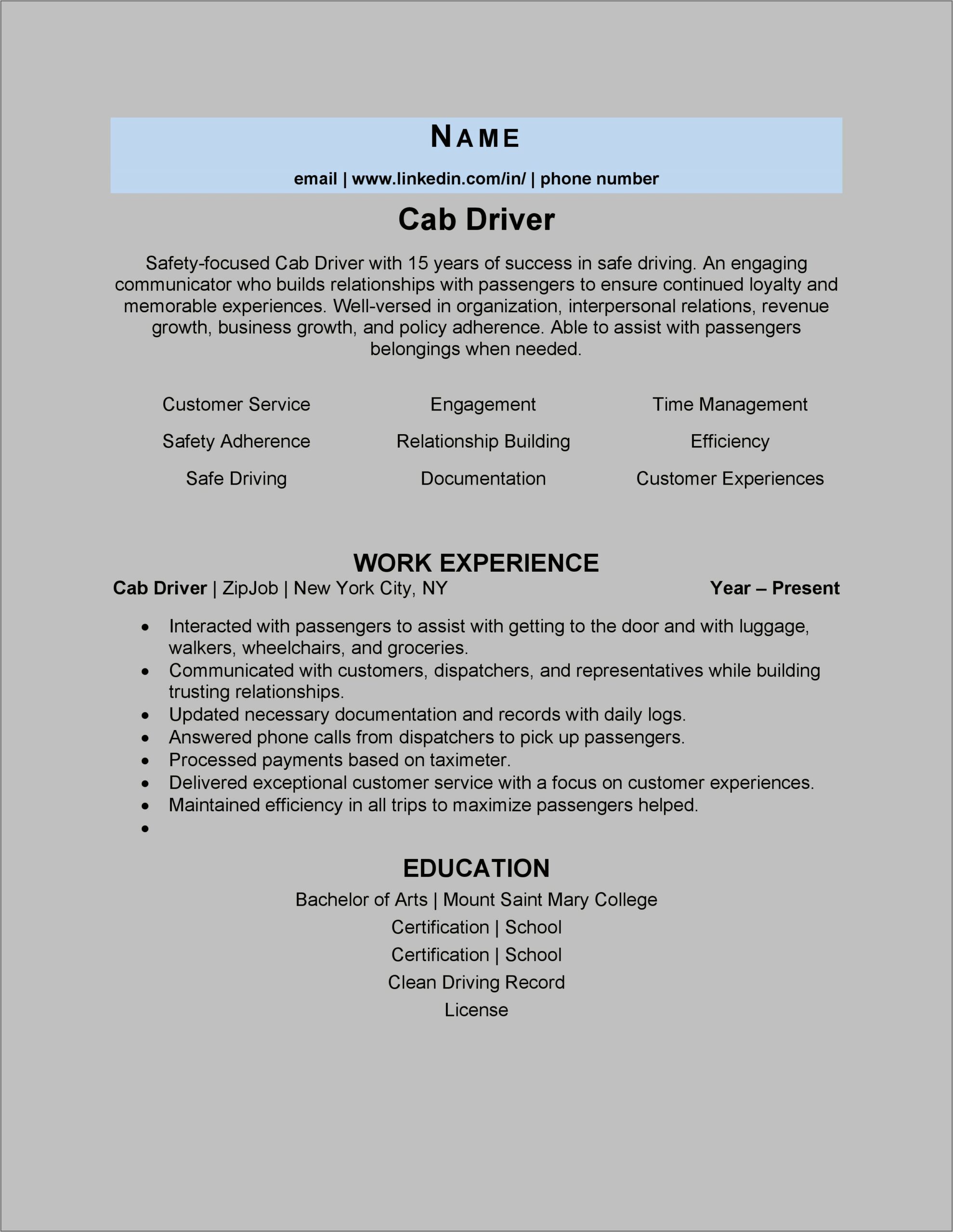 Cab Driver Job Description For Resume