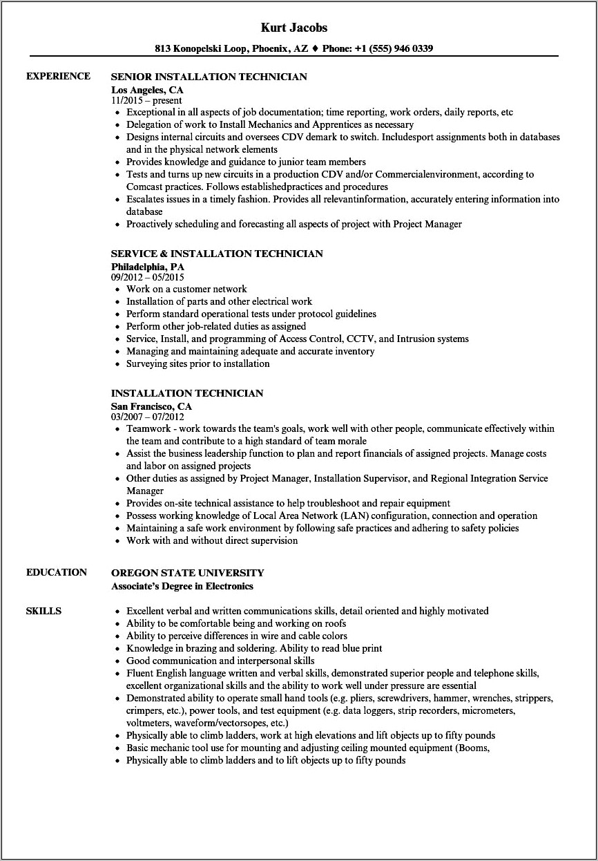 Cable Installer Job Description For Resume