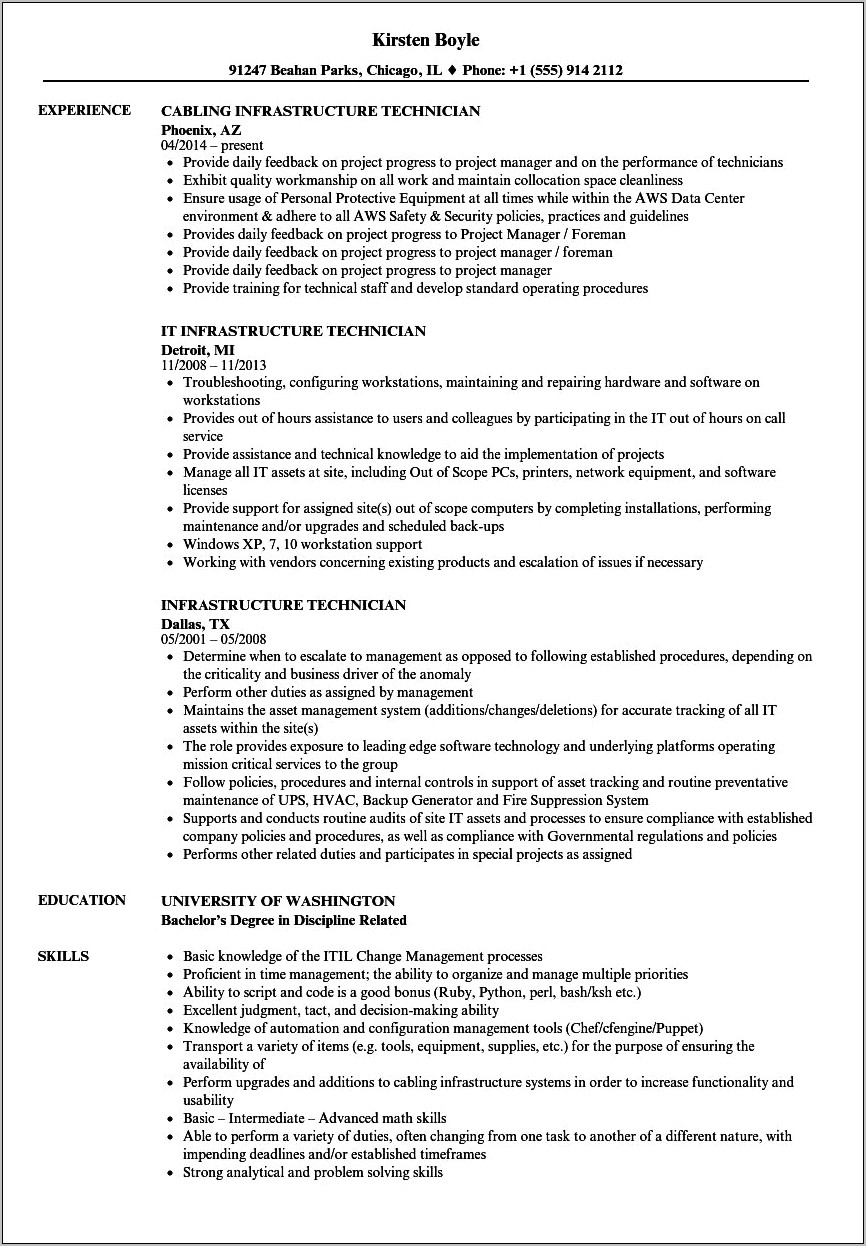 Cable Technician Job Description For Resume