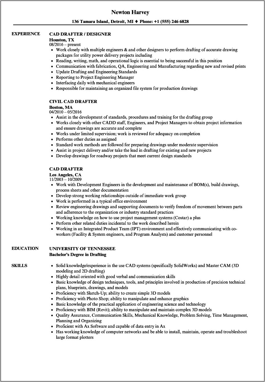 Cad Resume With No Work Experience