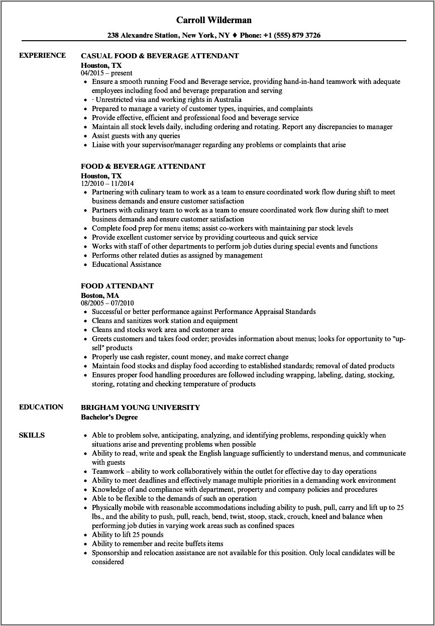 Cafe Attendant Job Description For Resume