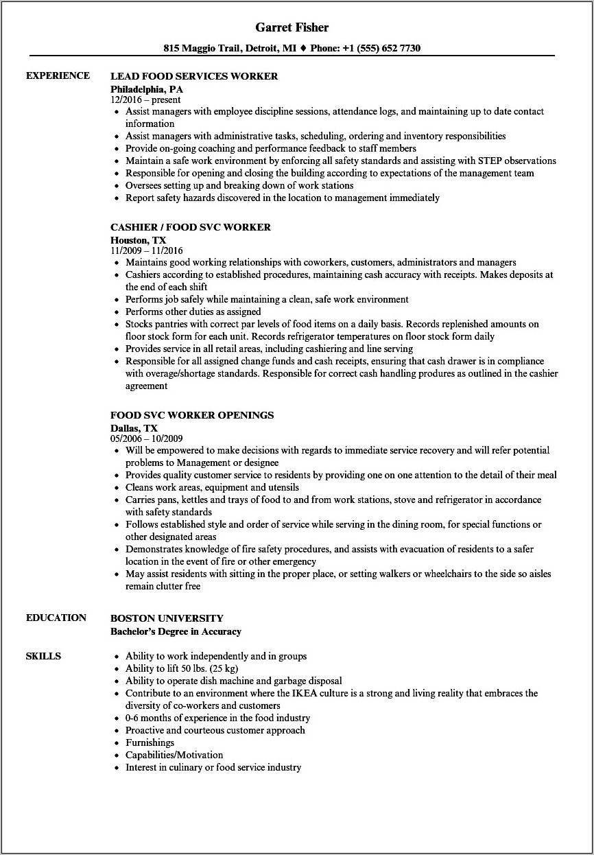 Cafe Worker Job Description For Resume