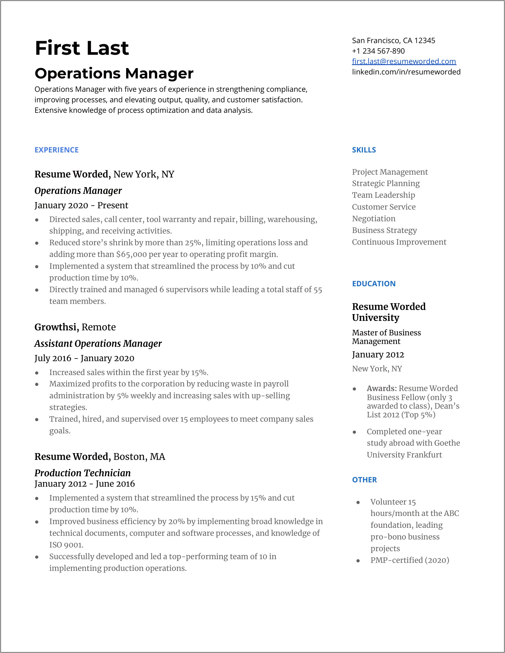 Call Center Operation Manager Resume Sample